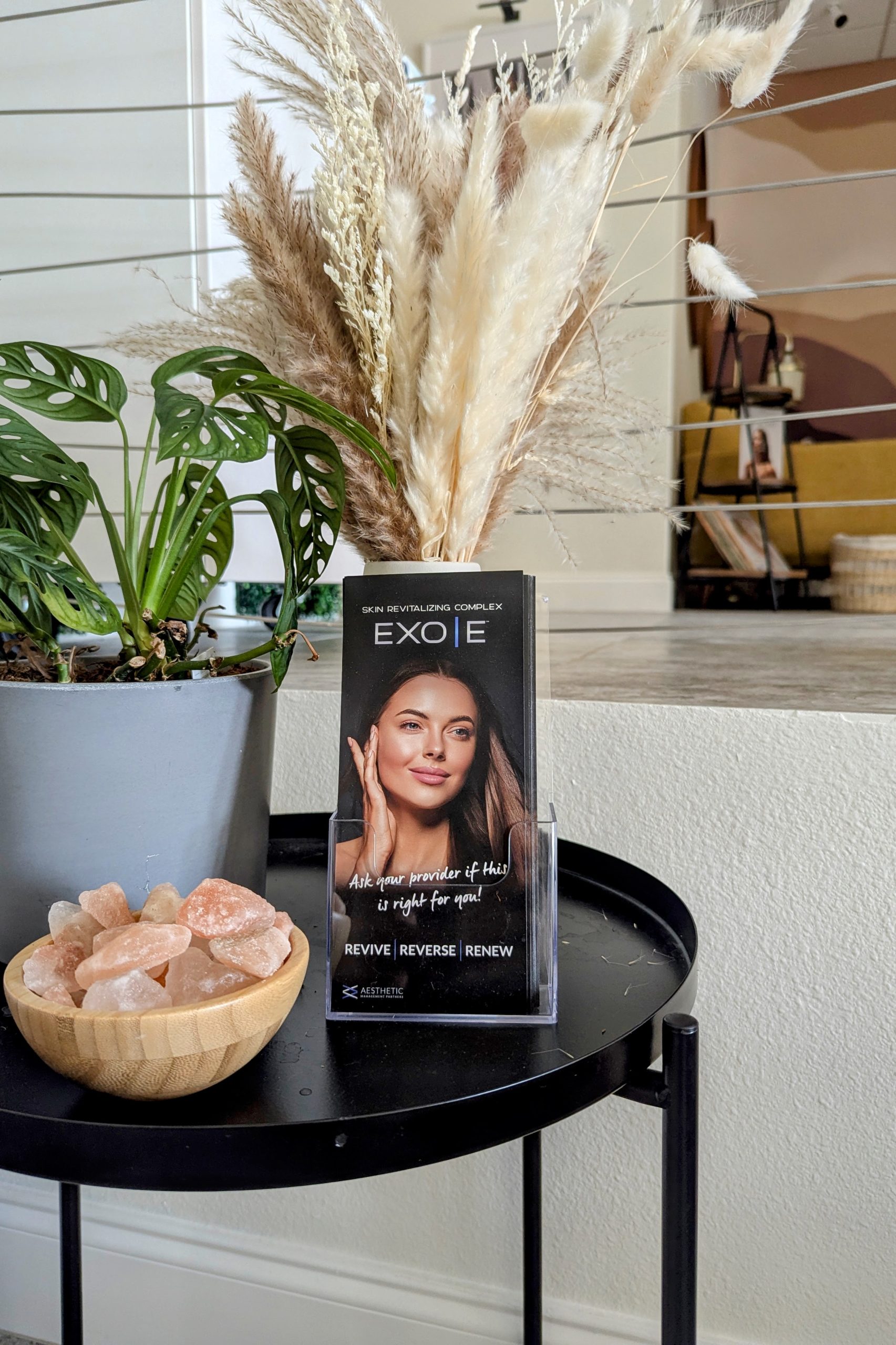 EXO|E skincare brochure displayed with Himalayan salt and greenery at Balance Skin & Wellness, a Black-owned med spa in San Antonio.