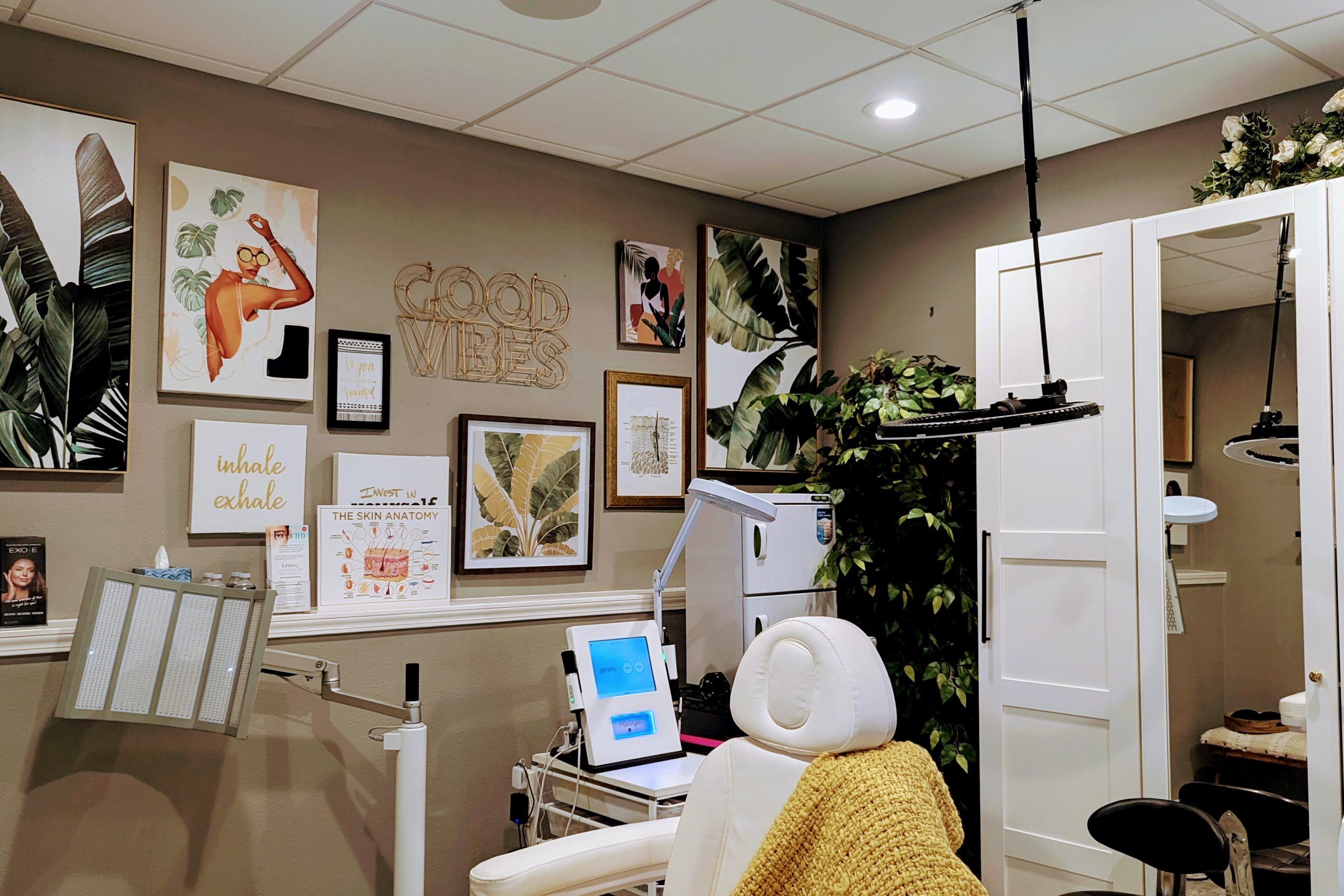 Balance Skin & Wellness treatment room in San Antonio, featuring inclusive skincare tools, cozy decor, and empowering artwork for melanin-safe aesthetic care.