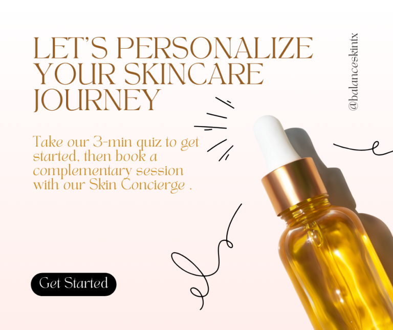 Promotional image for Balance Skin & Wellness skincare quiz, featuring a golden serum bottle and call to action to book a session with the Skin Concierge.