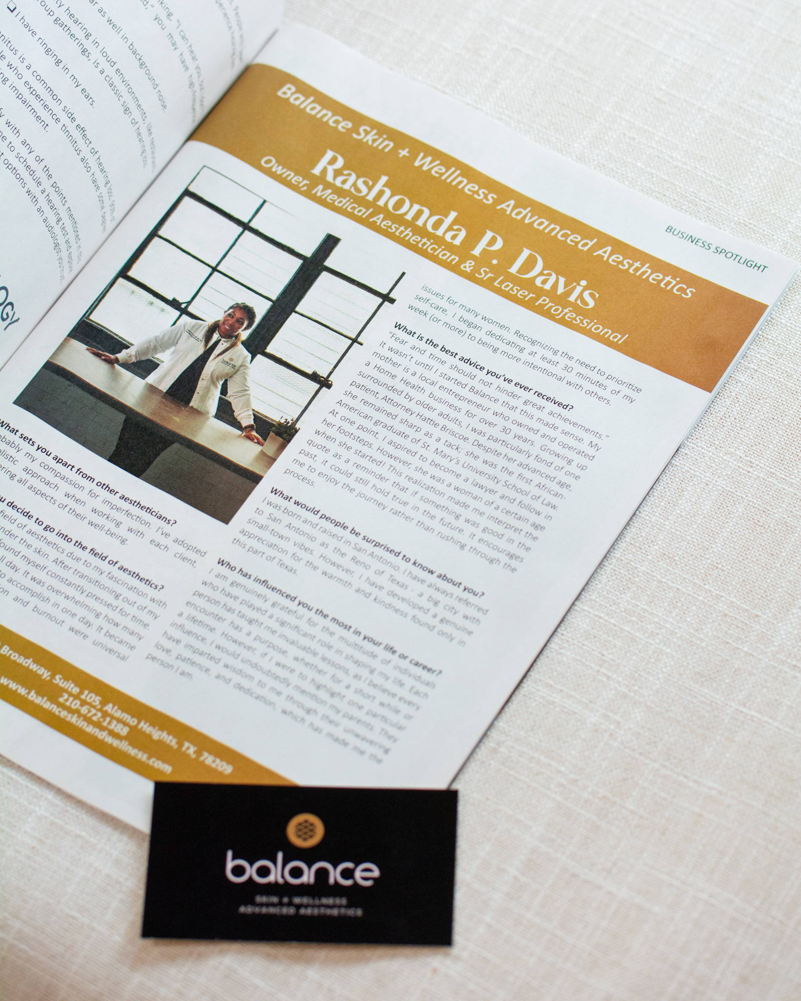 Magazine article featuring Rashonda P. Davis, owner of Balance Skin & Wellness, highlighting her medical aesthetics expertise.