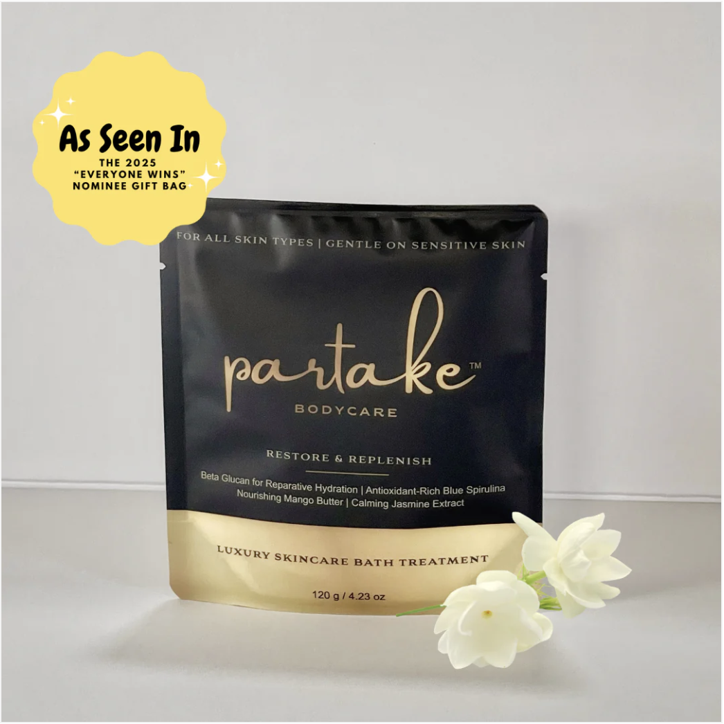 Partake Bodycare Restore & Replenish luxury bath treatment featured in the 2025 ‘Everyone Wins’ nominee gift bag